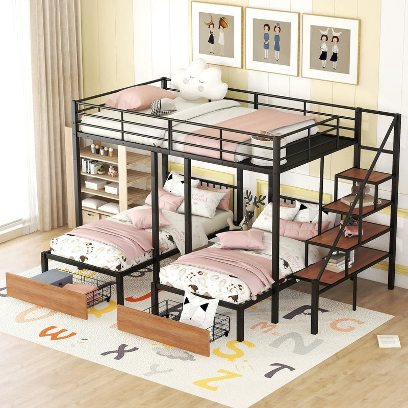Full Over Twin-Twin Triple Bunk Bed With Drawers And Staircase - Black by HouseOfZazla