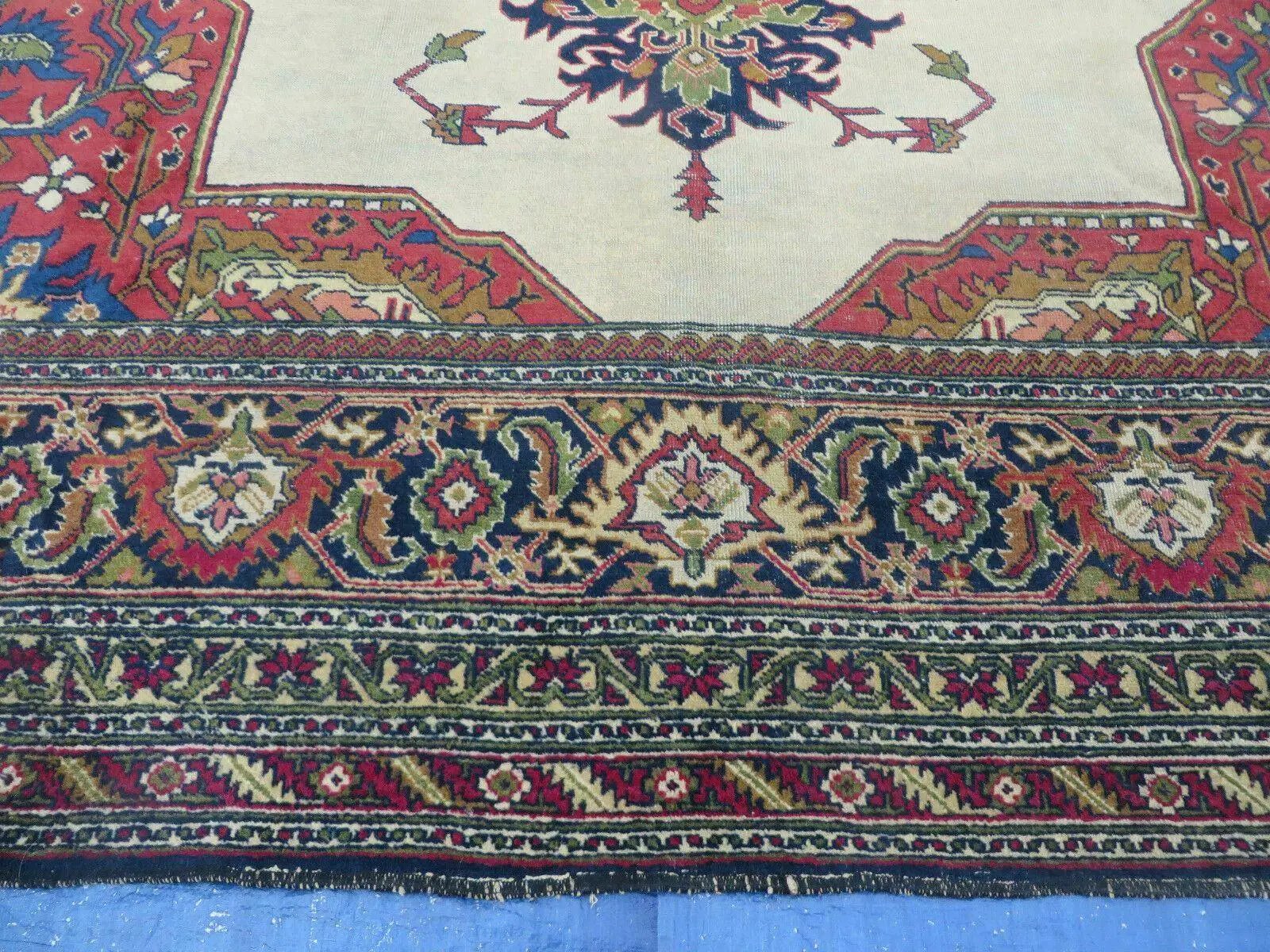 Persian Tabriz Rug 10x13 Oriental Carpet, Ivory Open Field, Geometric Medallion, Red Blue, Hand Knotted, Large Wool Area Rug Vintage Antique 1950s by Jewel Rugs
