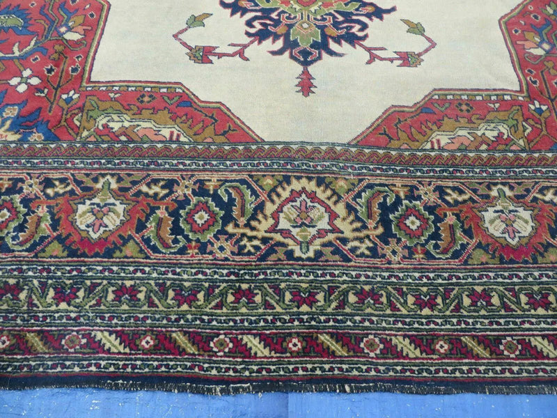 Persian Tabriz Rug 10x13 Oriental Carpet, Ivory Open Field, Geometric Medallion, Red Blue, Hand Knotted, Large Wool Area Rug Vintage Antique 1950s by Jewel Rugs