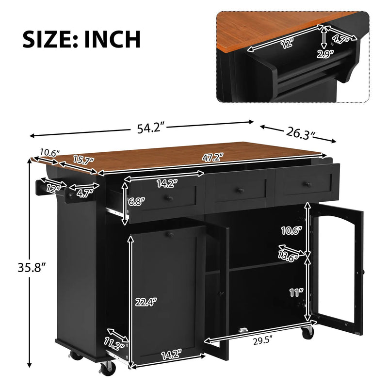 54.2'' Mobile Kitchen Island with Glass Door Storage & Trash Bin by HouseOfZazla