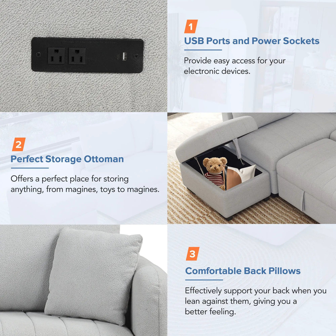 L-Shaped Sectional Pull Out Sofa Bed Sleeper Sofa With Two USB Ports, Two Power Sockets And A Movable Storage Ottoman by HouseOfZazla