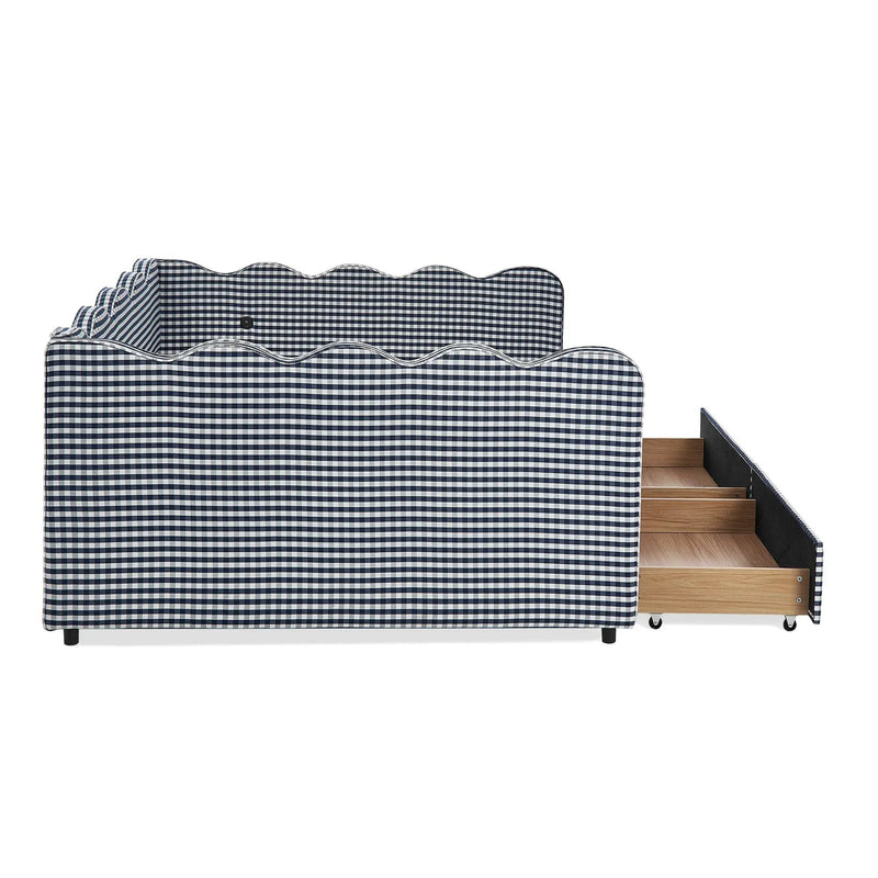 Queen Size Cozy Gingham Daybed with Two Storage Drawers and USB Port by HouseOfZazla