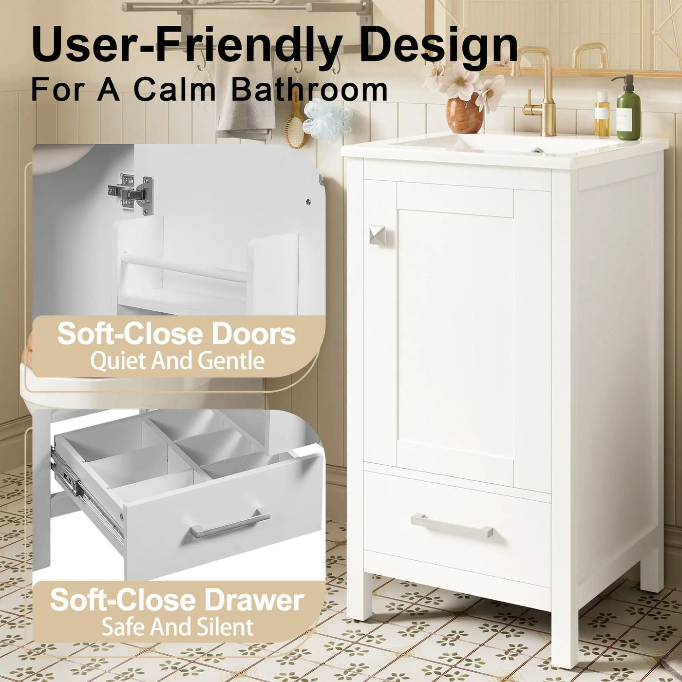 Bathroom Vanity With Ceramic Sink, Soft Close Drawers, Door Organizer, Divider Drawer, Adjustable Foot Pads by Unique Piece Furniture