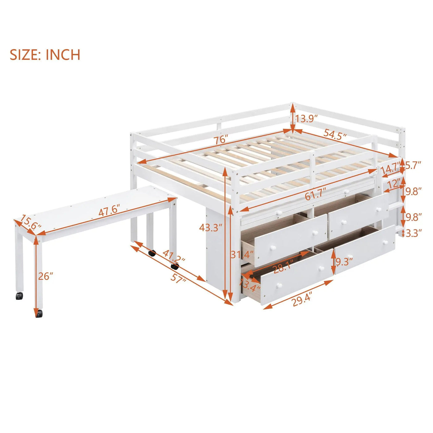 Loft Bed With Retractable Writing Desk And 4 Drawers, With Lateral Portable Desk And Shelves by Unique Piece Furniture