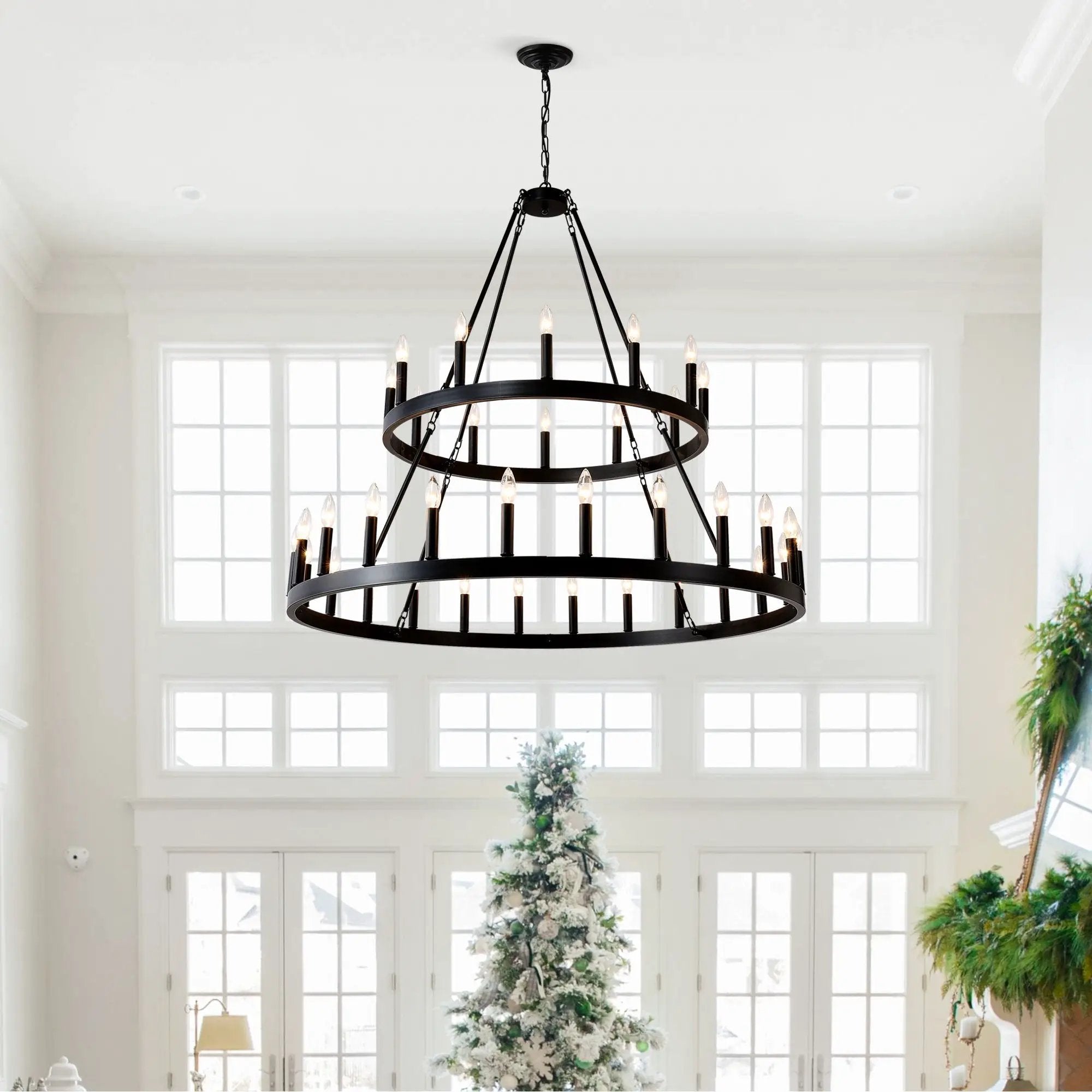 2 Tiers Wagon Wheel Chandelier Wooden Farmhouse 36 Light (24 / 12) Or (12 / 24) Metal Chandeliers 2 Story Light Fixtures Industrial For High Ceiling Living Dining Room Foyer, Adjustable Height - Black by HouseOfZazla