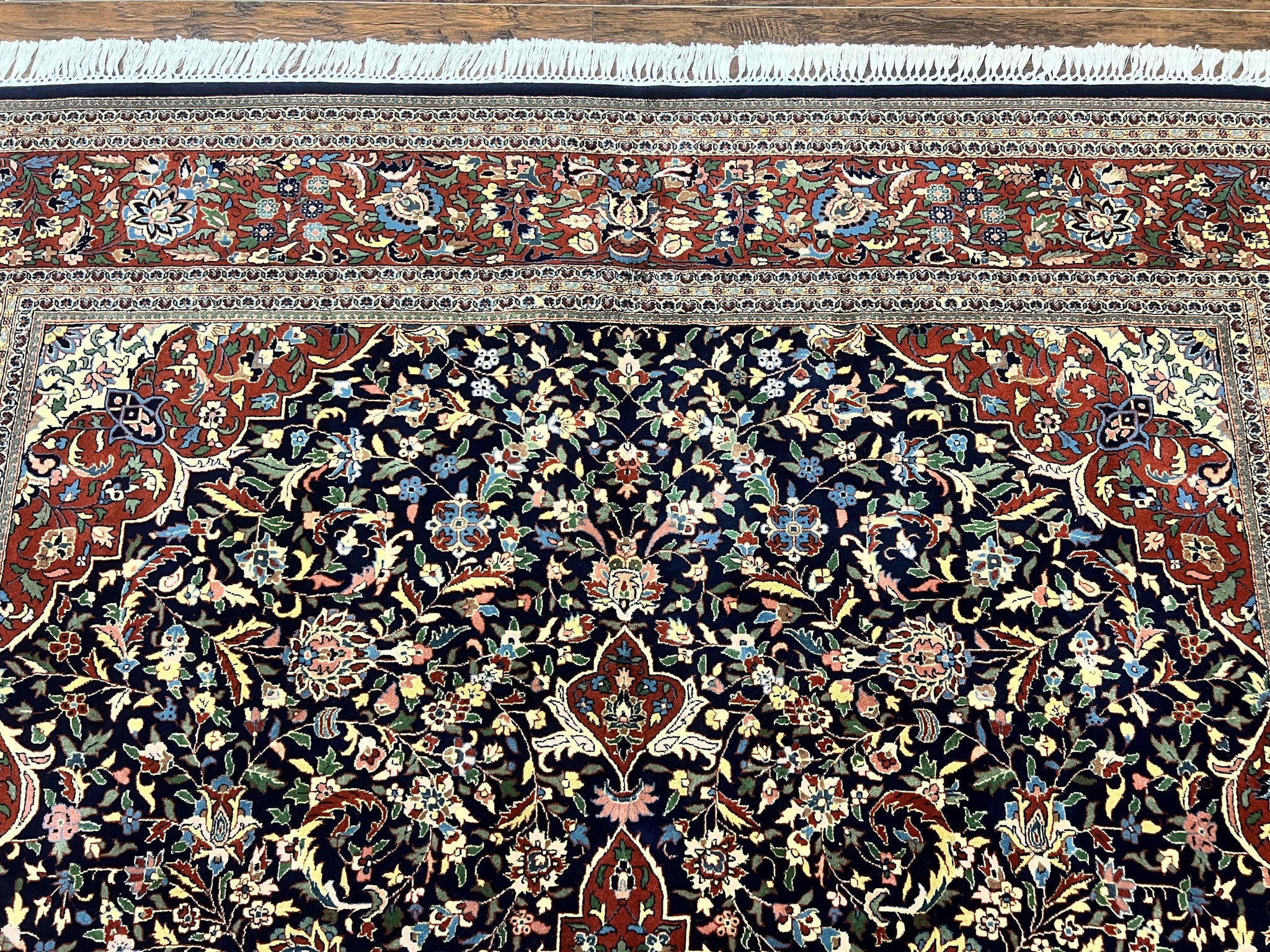 Indo Persian Rug 8x10, Floral Medallion, Vintage Handmade Wool Carpet, Navy Blue and Red, Fine 300 KPSI by Jewel Rugs