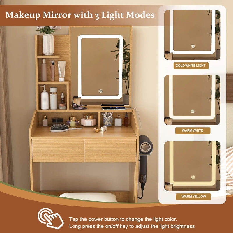 Vanity Table With LED Mirror, Power Outlet, Hairdryer Holder & Padded Stool by HouseOfZazla