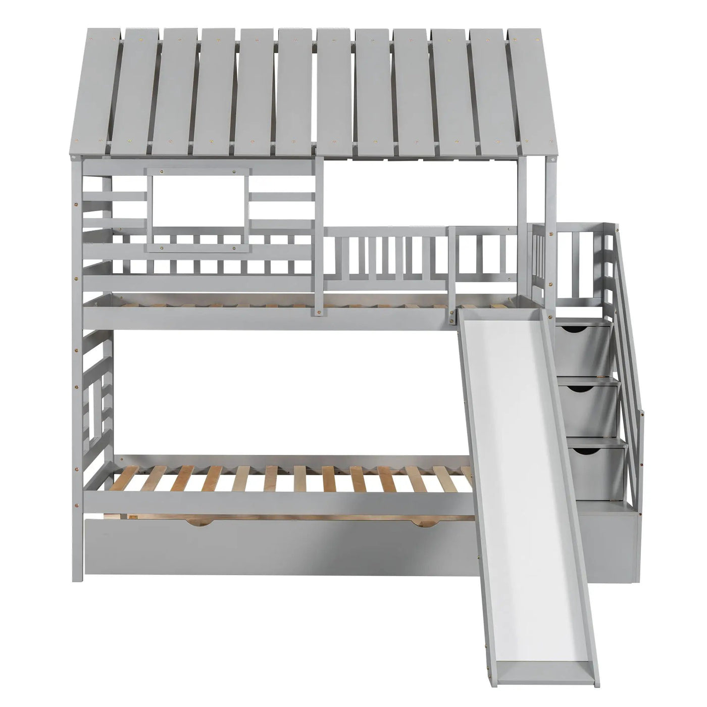 House Bunk Bed With Trundle, Storage Staircase, Roof And Window Design by HouseOfZazla