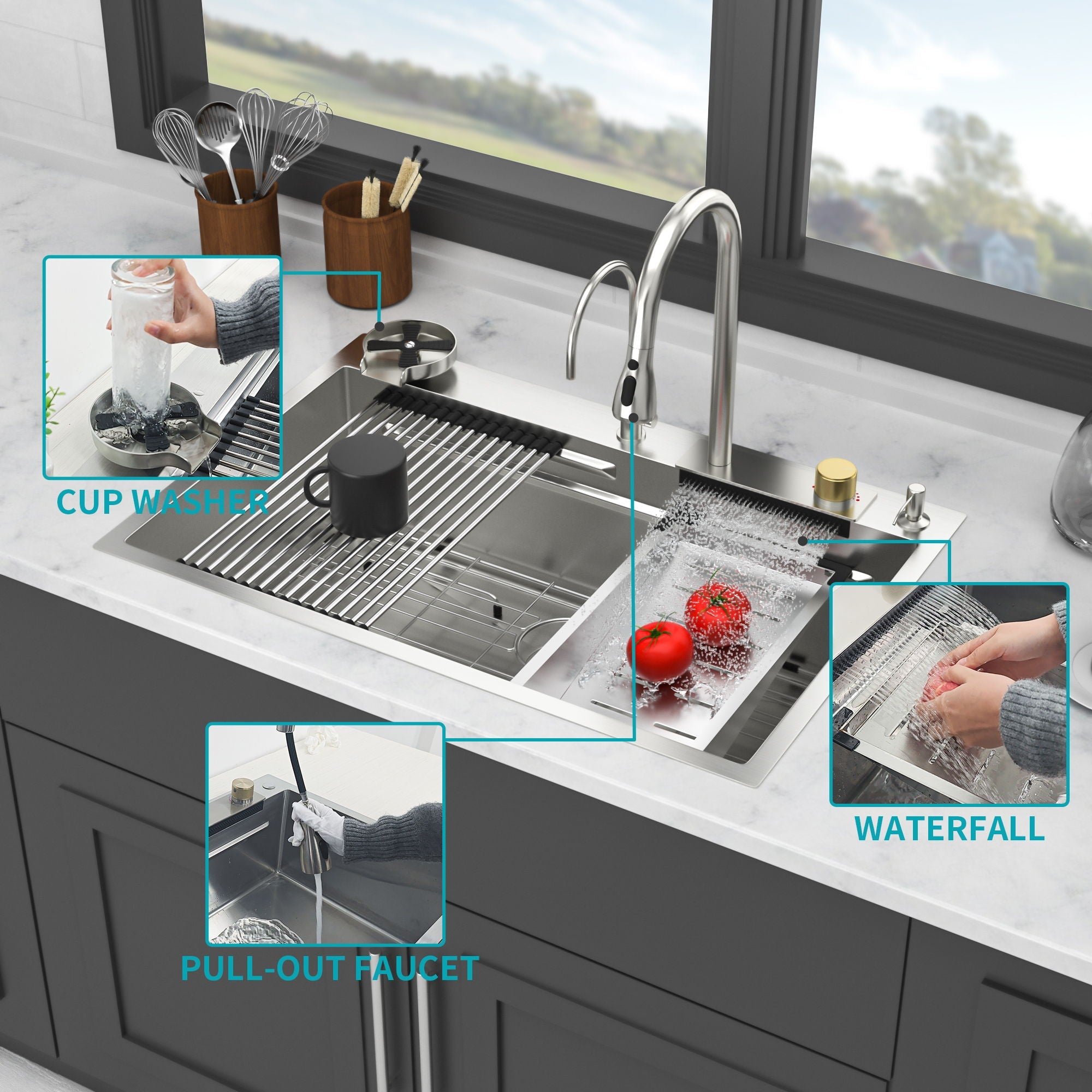 Waterfall Kitchen Sink With Pull Out Faucet & Cup Washer by HouseOfZazla