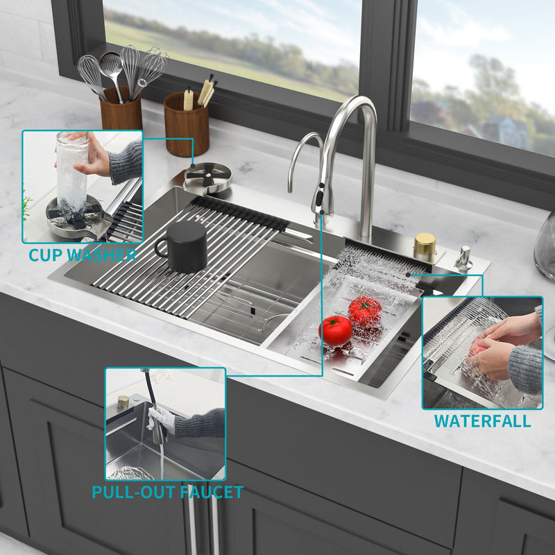 Waterfall Kitchen Sink With Pull Out Faucet & Cup Washer by HouseOfZazla