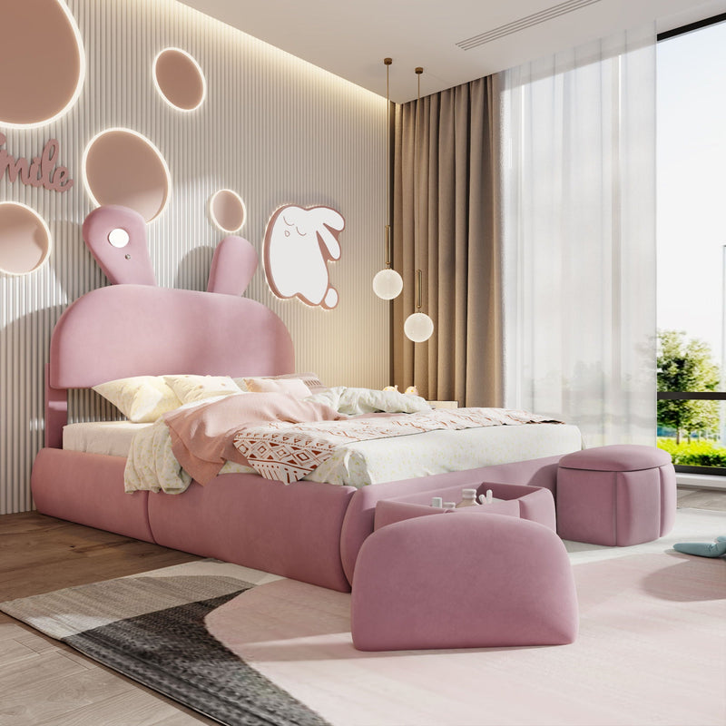Full Upholstered Platform Bed With Cartoon Ears Headboard And LED Light - Pink by HouseOfZazla