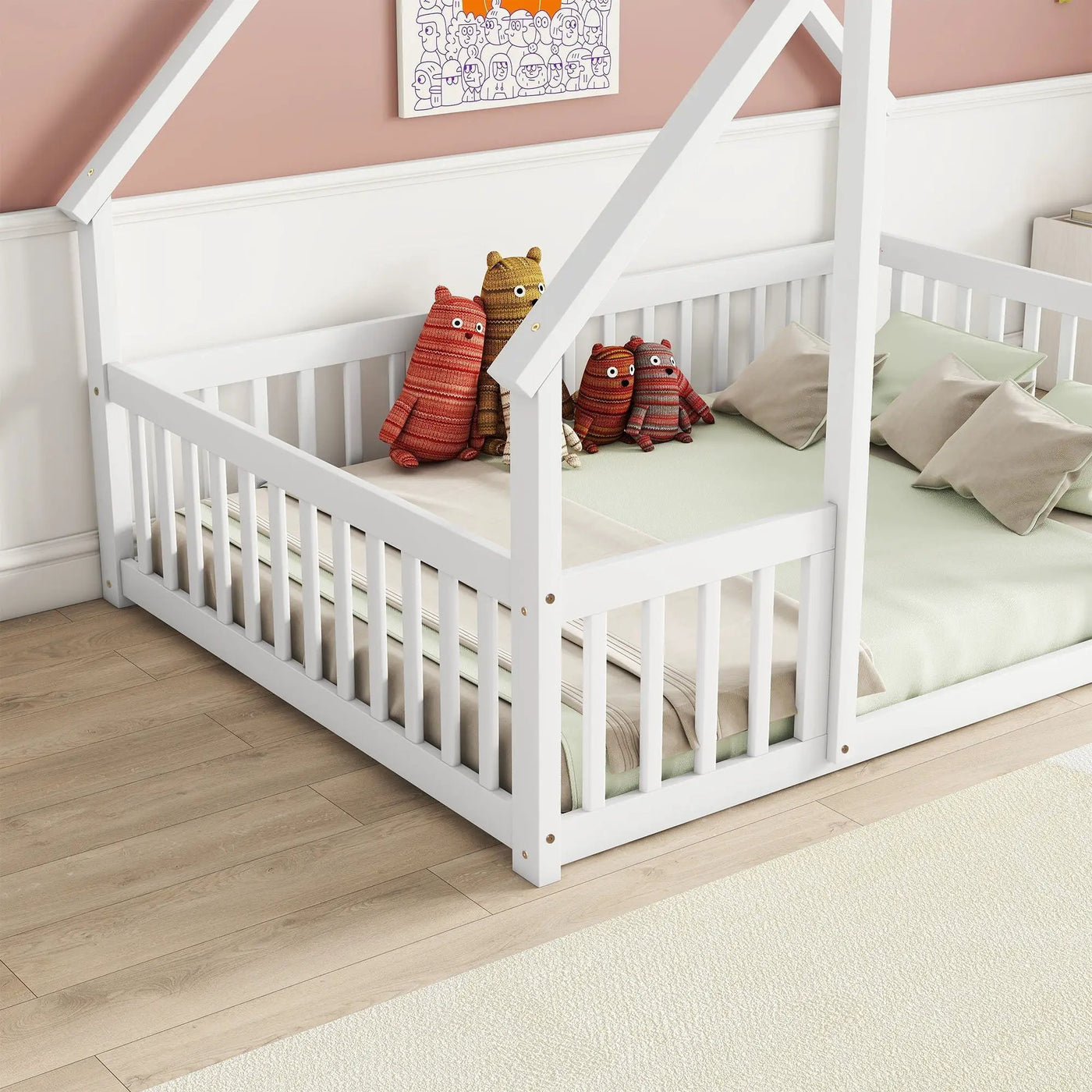 Wood House-Shaped Floor Bed With Fence, Guardrails by HouseOfZazla