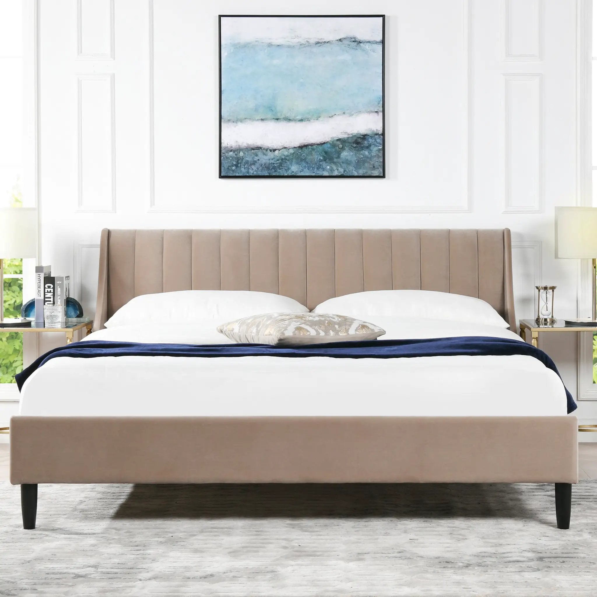 Aspen Vertical Tufted Headboard Platform Bed Set, King, Mink Beige Performance Velvet by HouseOfZazla