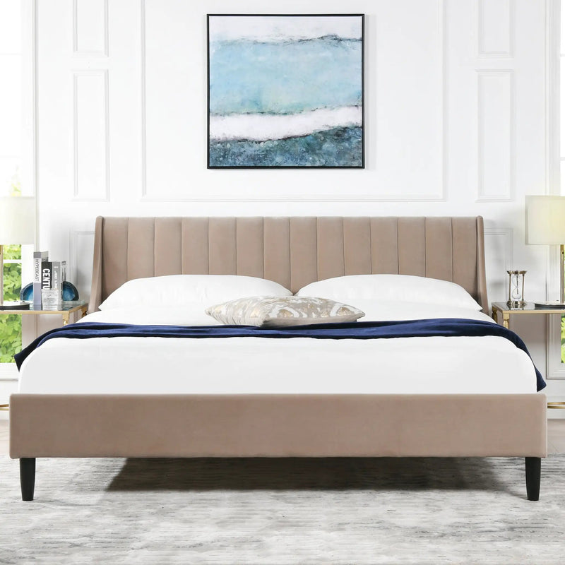 Aspen Vertical Tufted Headboard Platform Bed Set, King, Mink Beige Performance Velvet by HouseOfZazla