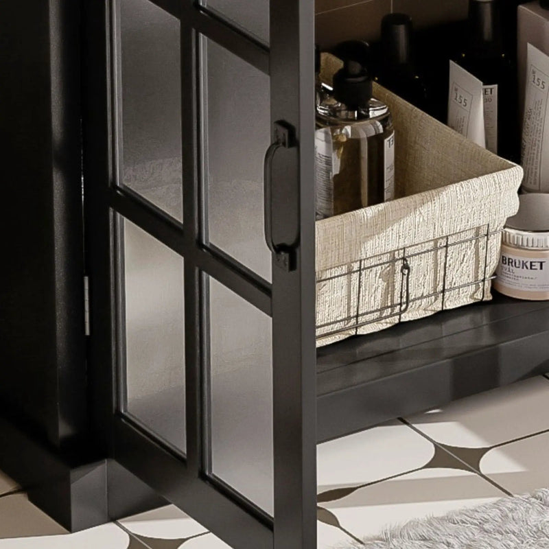 Modern Bathroom Vanity With Ceramic Sink, Tempered Blurred Glass Doors