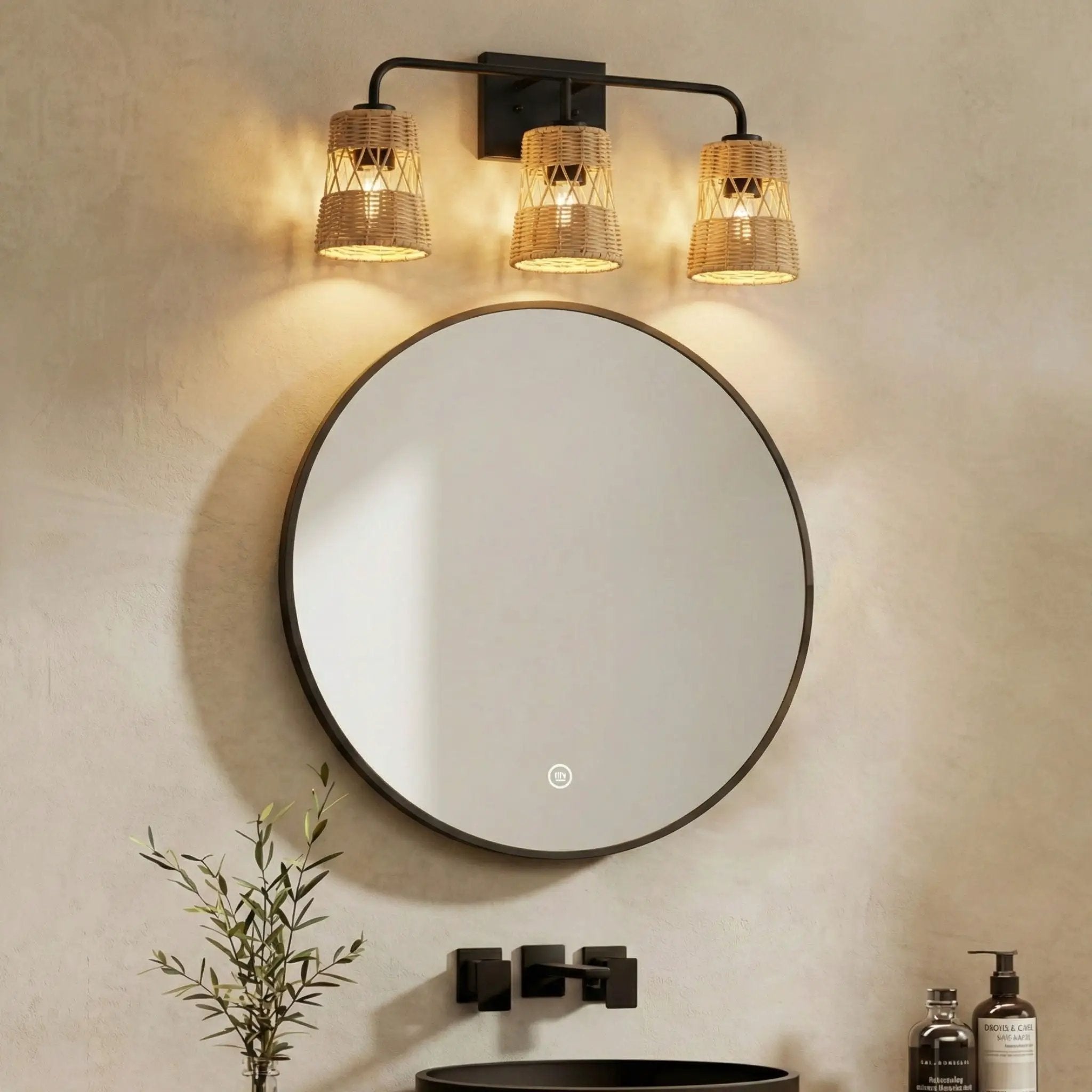 Moonlit - 3 Lights Wall Sconce With Shade, Bathroom Lighting Fixtures Over Mirror - Black / Rattan by Unique Piece Furniture