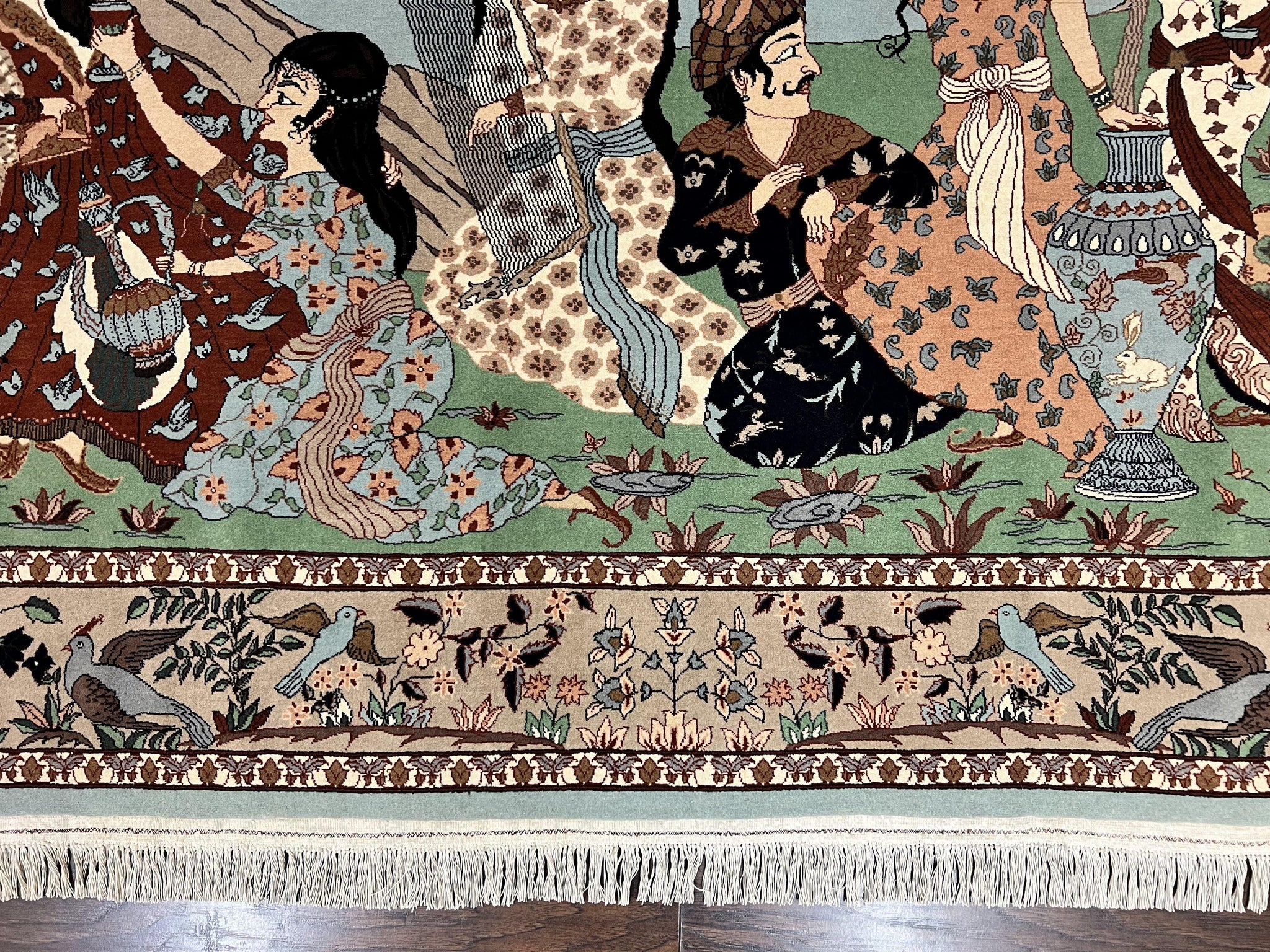 Indo Persian Pictorial Rug 4x7, Handmade Hand Knotted Wool Semi Antique Horizontal Carpet, Men & Women Drinking, Fine Rug, Bird Pictorials by Jewel Rugs