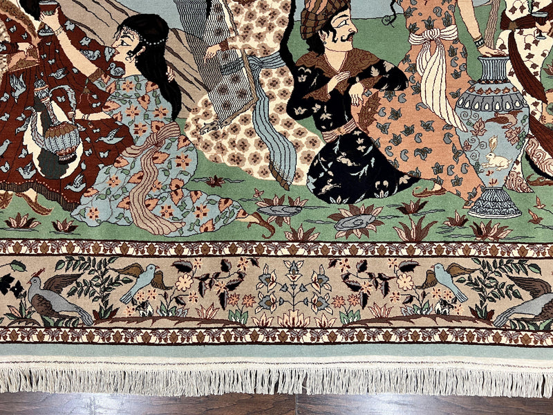 Indo Persian Pictorial Rug 4x7, Handmade Hand Knotted Wool Semi Antique Horizontal Carpet, Men & Women Drinking, Fine Rug, Bird Pictorials by Jewel Rugs