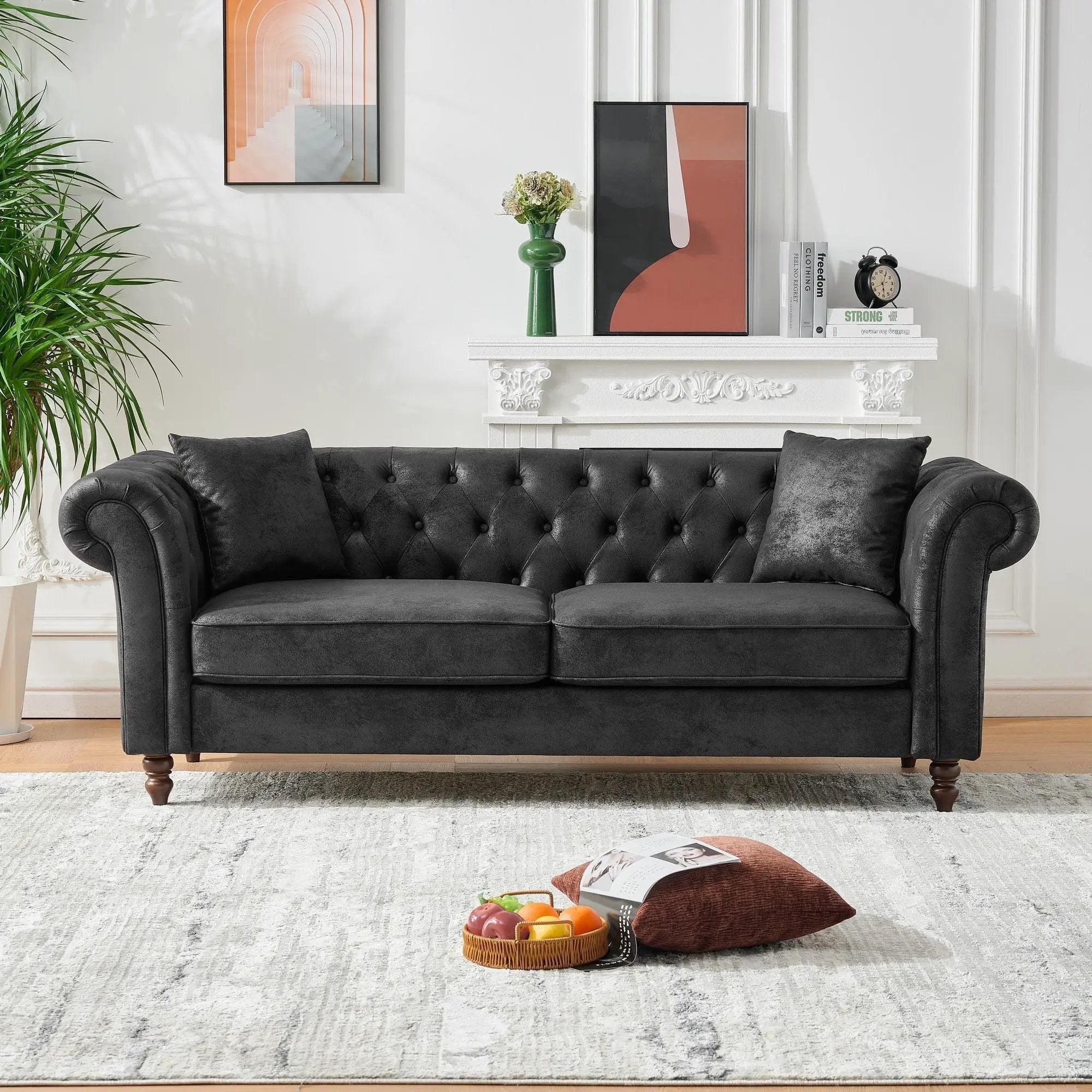 Chesterfield Sofa, High Tech Fabric Roll Armrest, 3 Seater Couch - Black by Unique Piece Furniture