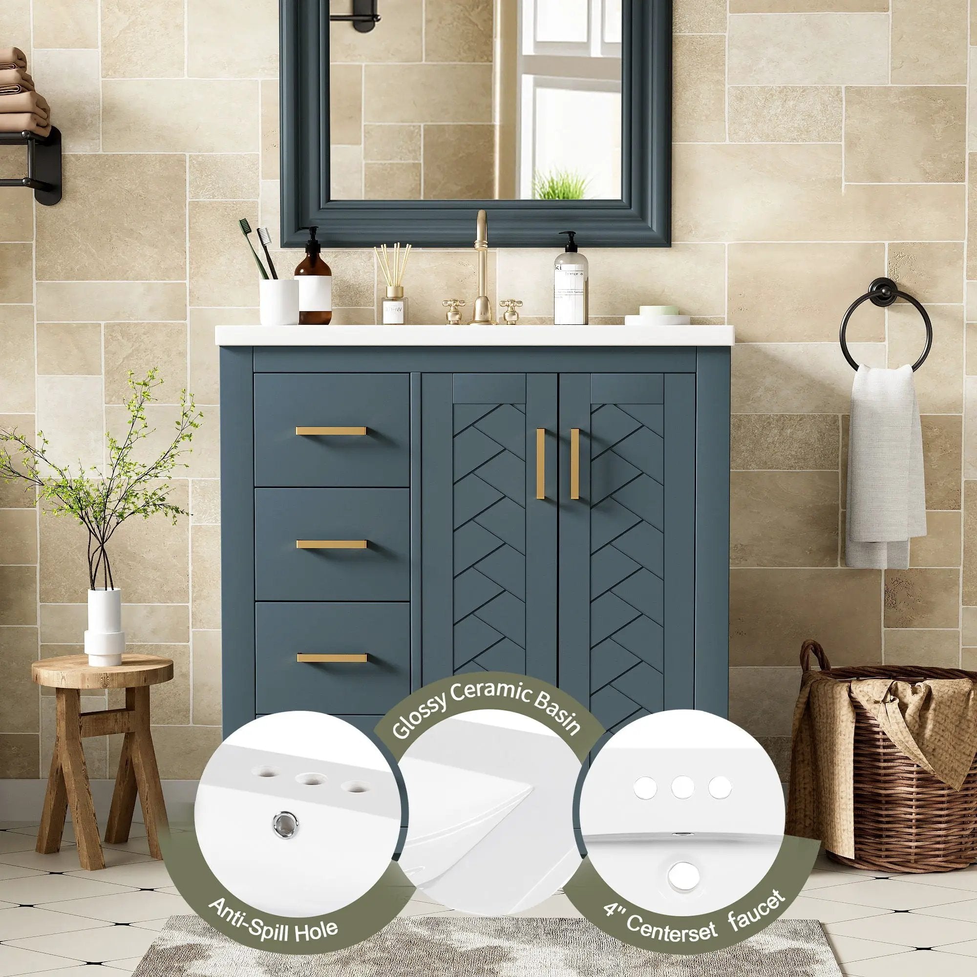 Ceramic Sink Combo, Freestanding Vanity Set With 3 Drawers & Soft Closing Doors by HouseOfZazla
