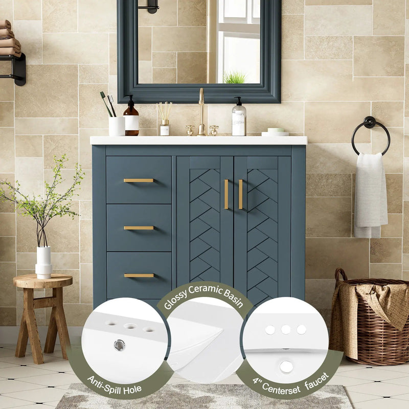 Ceramic Sink Combo, Freestanding Vanity Set With 3 Drawers & Soft Closing Doors by HouseOfZazla