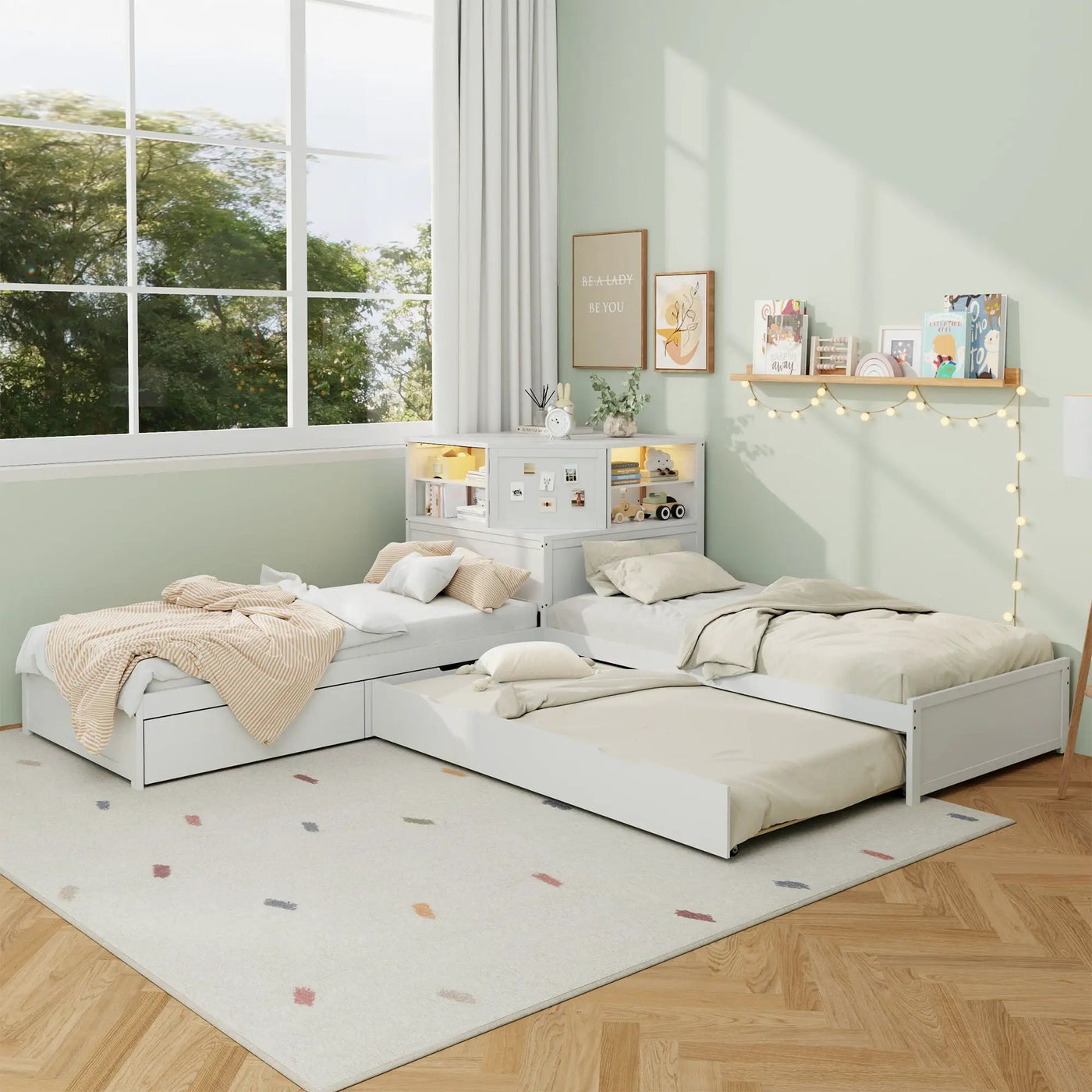 L-Shaped Bed Frame With Trundle, Built In Desk & LED Lighting by HouseOfZazla