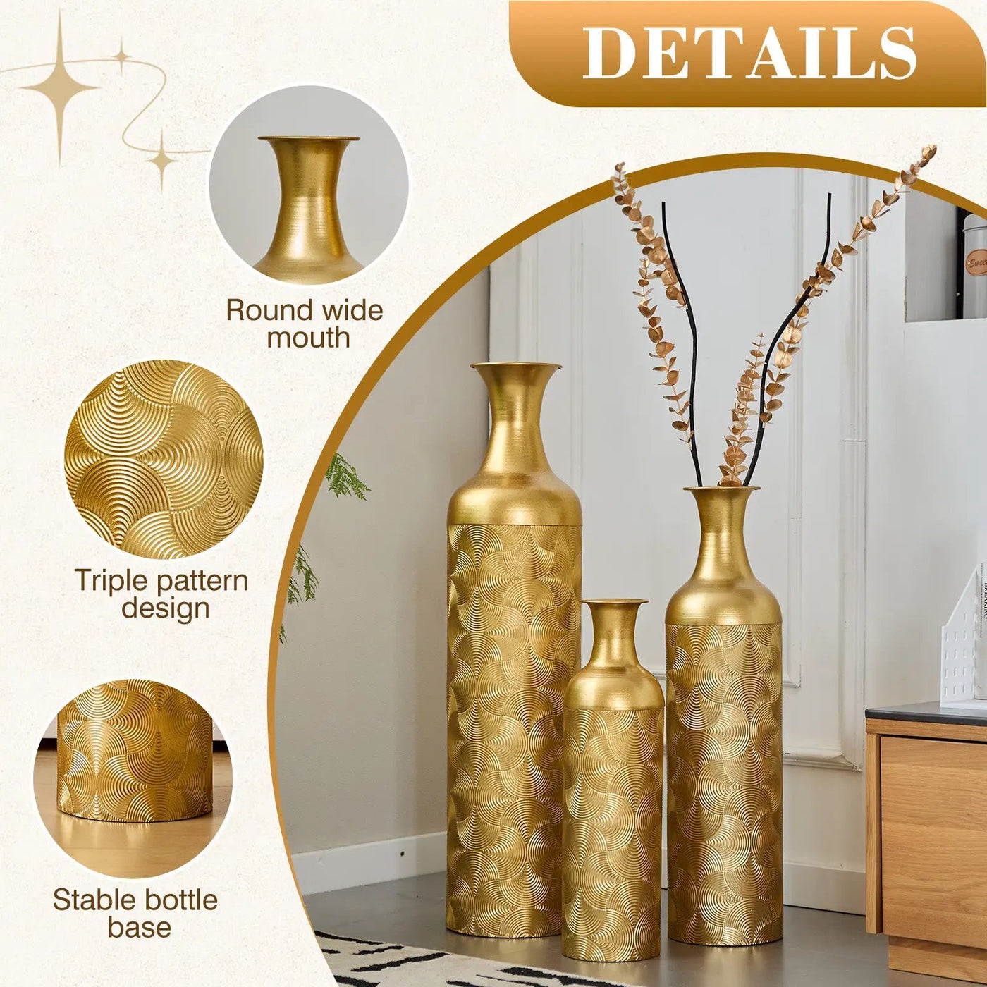 3 Pack Semi-Handcrafted Gold Metal Vase Collection by HouseOfZazla