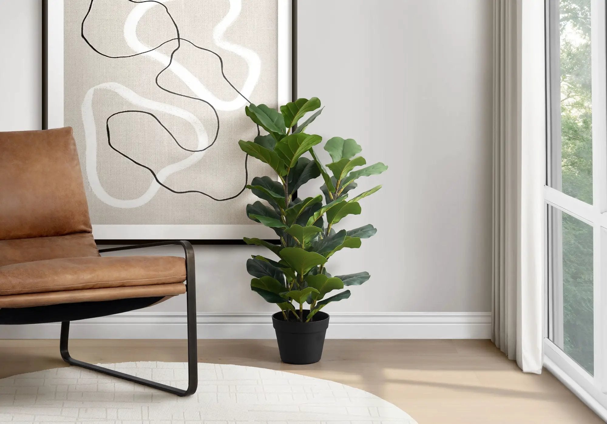 32" Tall, Artificial Plant, Fiddle Tree, Indoor, Faux, Fake, Floor, Greenery, Potted, Real Touch, Decorative - Green / Black by Unique Piece Furniture