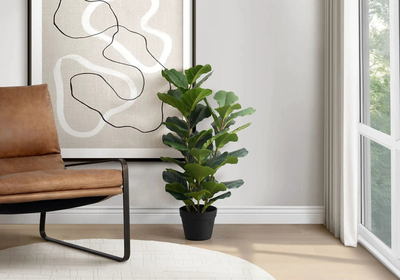 32" Tall, Artificial Plant, Fiddle Tree, Indoor, Faux, Fake, Floor, Greenery, Potted, Real Touch, Decorative - Green / Black by Unique Piece Furniture