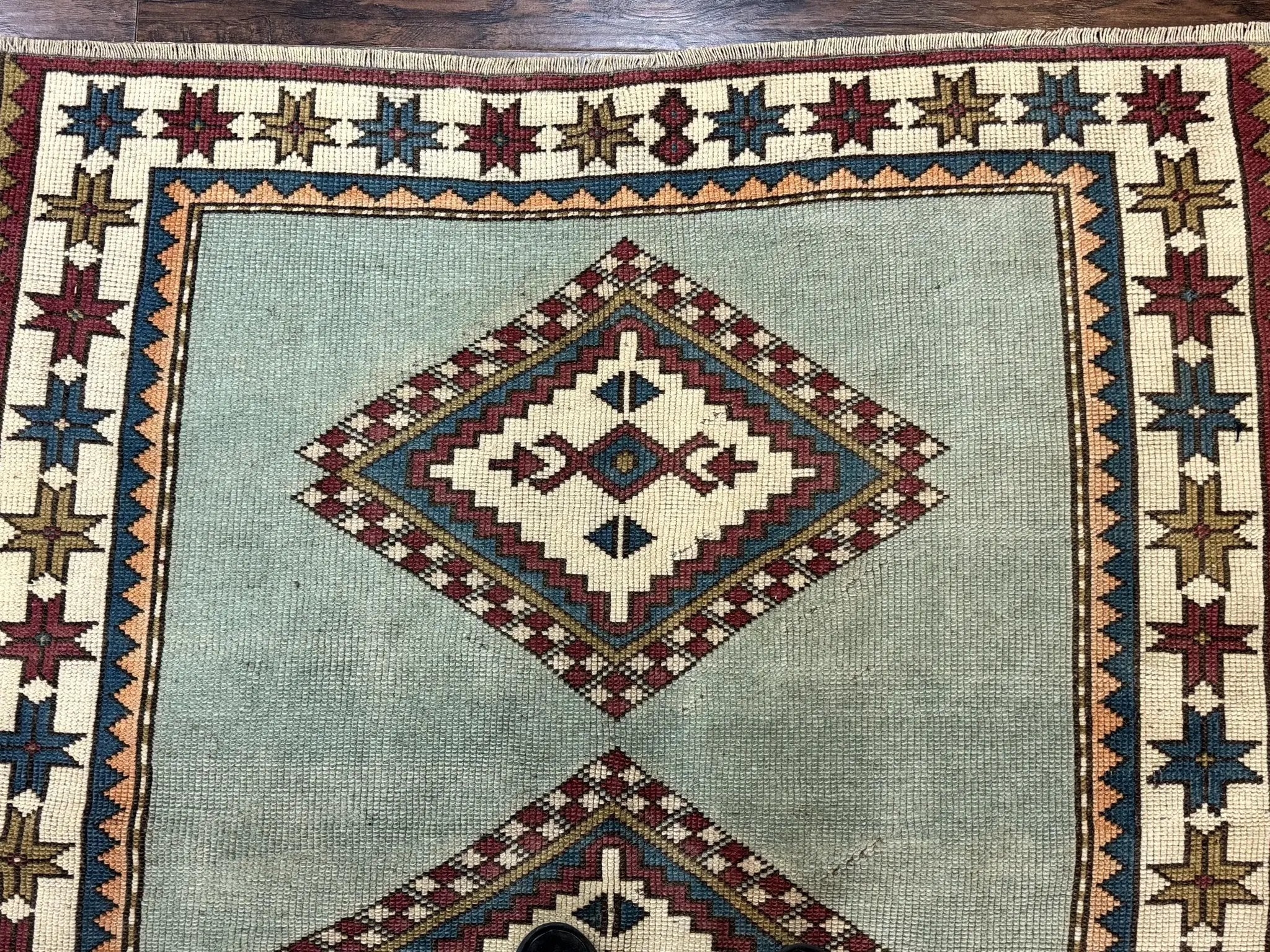 Turkish Kazak Rug 4x6, Geometric Medallion, Caucasian Design Rug, Semi Antique Vintage, Mint Green Maroon Ivory by Jewel Rugs