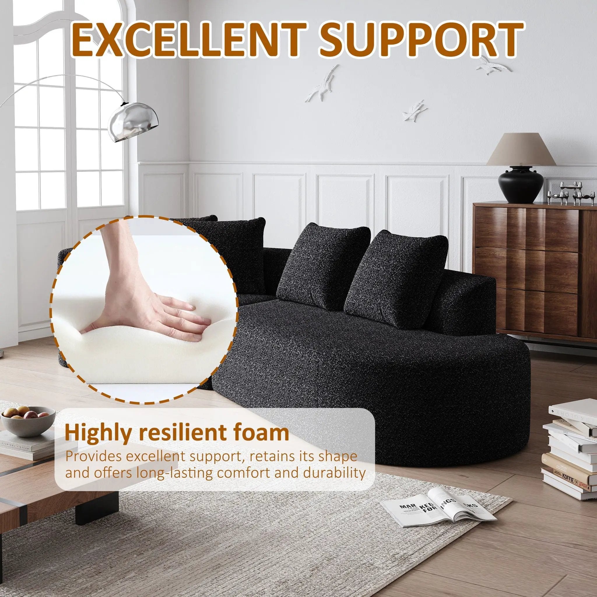 Upholstered Oversized Sectional Sofa, 4 Seater Extra Deep & Wide Curved Cloud Couch With 4 Throw Pillows For Living Room - Black by HouseOfZazla