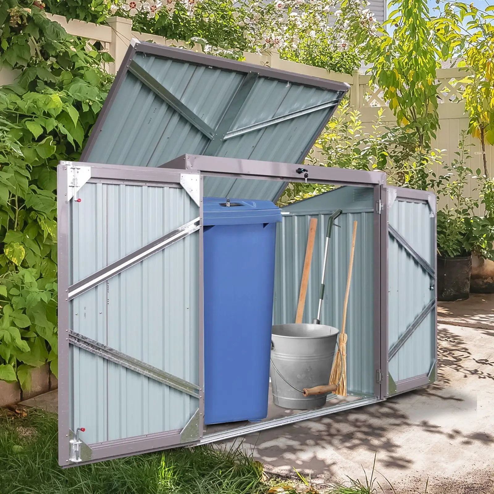 Garbage Bin Shed Stores 2 Trash Cans Metal Outdoor Bin Shed For Garbage Storage by HouseOfZazla