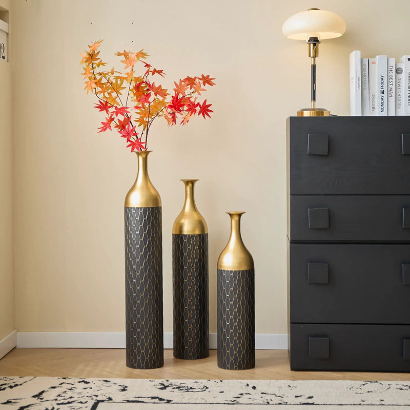 Elegant Floor Vase Set Metal Decorative Vases 3 Piece Set For Floral Display, Wedding & Gift Decor - Gold / Black by HouseOfZazla