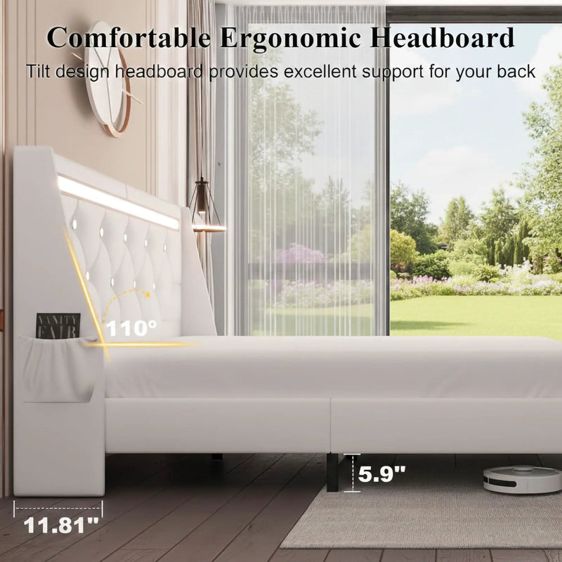 Wingback Upholstered Bed Frame With LED Lights, Charging Station by HouseOfZazla