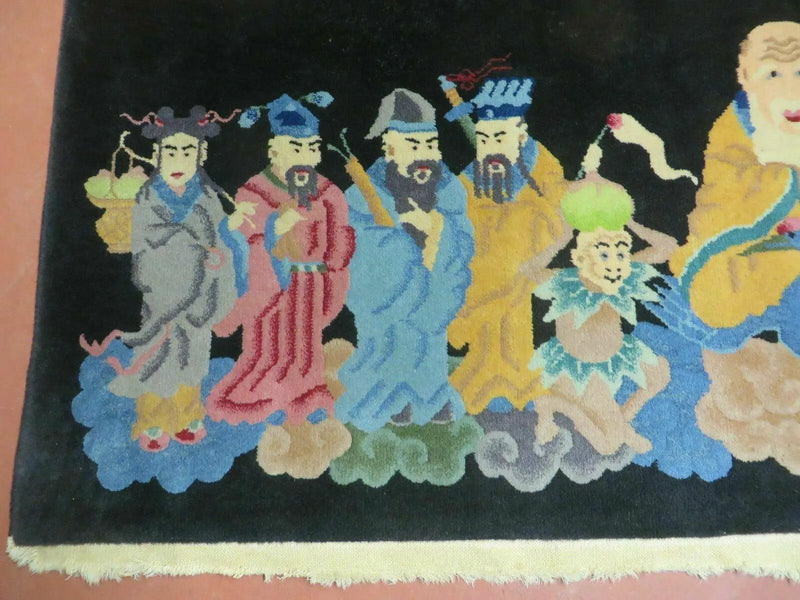 Chinese Wool Pictorial Rug 3x6 Counsel of Wise Elders Philosophers, Vintage Hand Knotted Black Chinese Carpet, Swan, Clouds Confucius, Rare by Jewel Rugs
