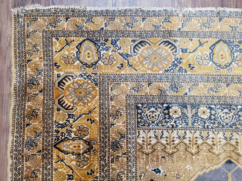 Rare Turkish Ghiordes Prayer Rug 4 x 5.8 ft, Late 19th Century Turkish Oriental Carpet, Mehrab Antique Prayer Rug, Museum Quality, Blue, Tan by Jewel Rugs