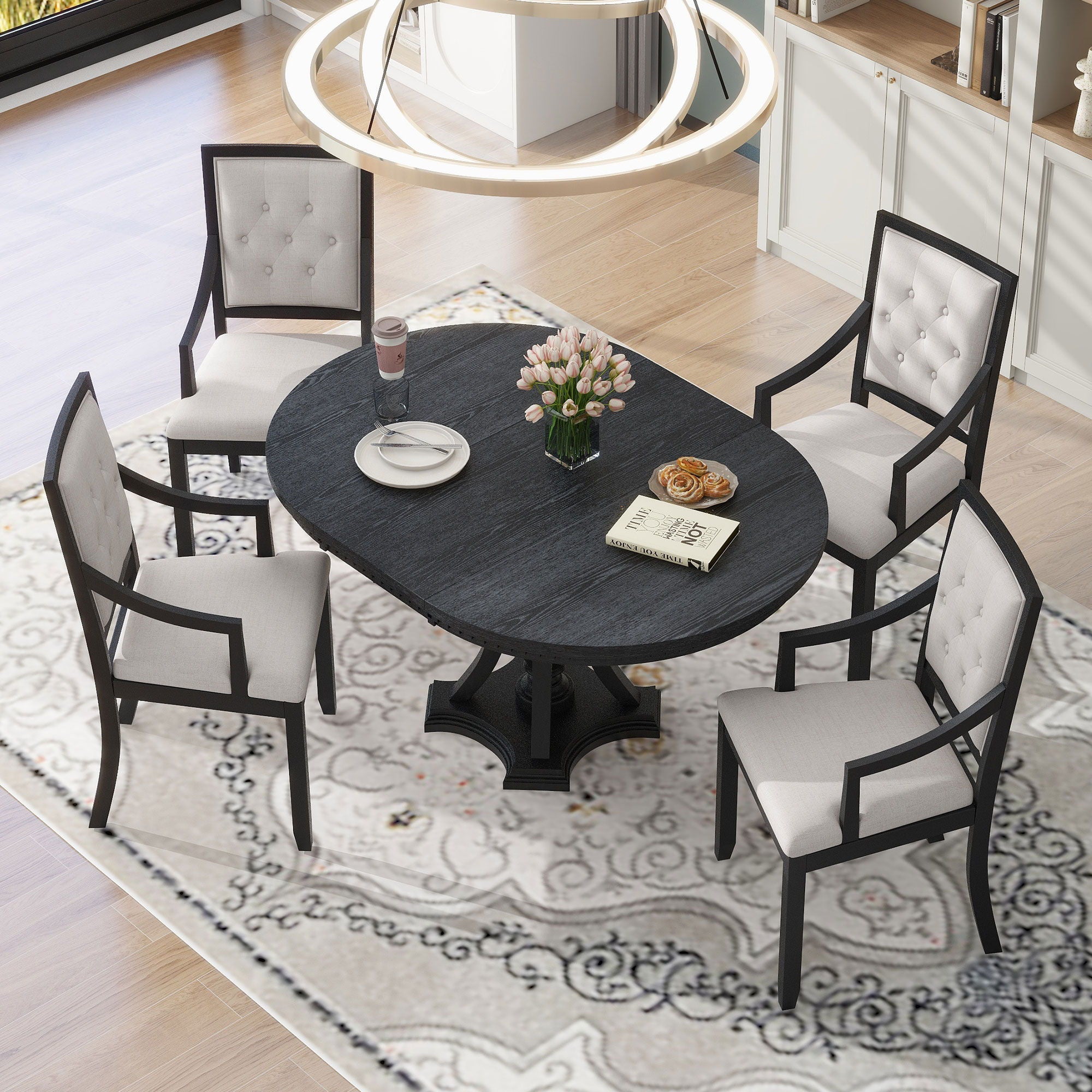 5 Piece Dining Set Extendable Round Table And 4 Chairs - Black / Oak by Unique Piece Furniture