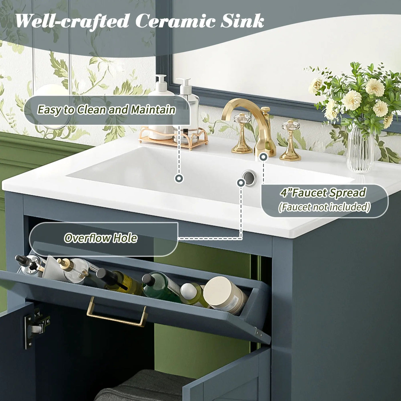 Modern Bathroom Vanity With Integrated Ceramic Sink, 2 Door Cabinet With Tip-Out Drawer by Unique Piece Furniture