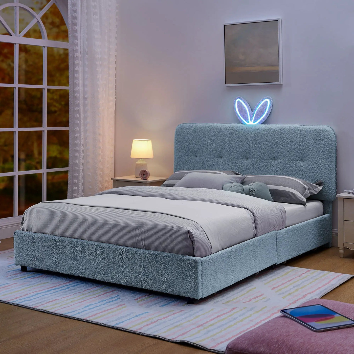 Upholstered Bed With Oversized Rabbit Ear Headboard, LED Lights & 4 Storage Drawers by Unique Piece Furniture