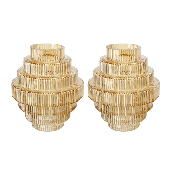 D5.9x6.7' Tiered Geometric Amber Luster Clear Vase, Set of 2