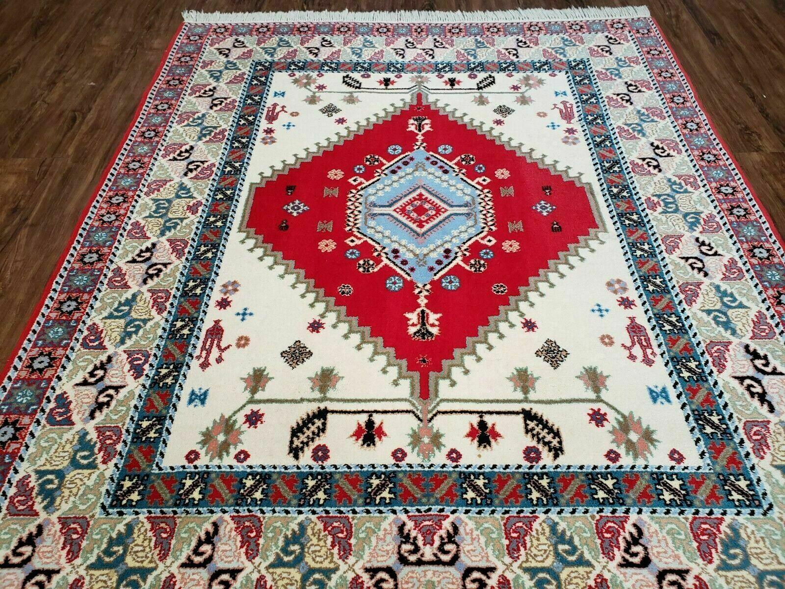 Vintage Moroccan Carpet 5x7 Area Rug, Berber Rug, Handmade Soft Wool Rug, Red Ivory and Blue, Geometric Medallion Rug, Bohemian Rug, Nice by Jewel Rugs