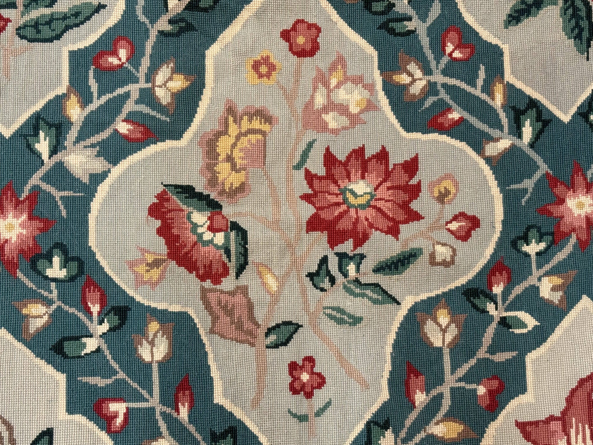 Teal Needlepoint Rug 6x9, Panel Design, Floral Bouquets, Handmade by Jewel Rugs