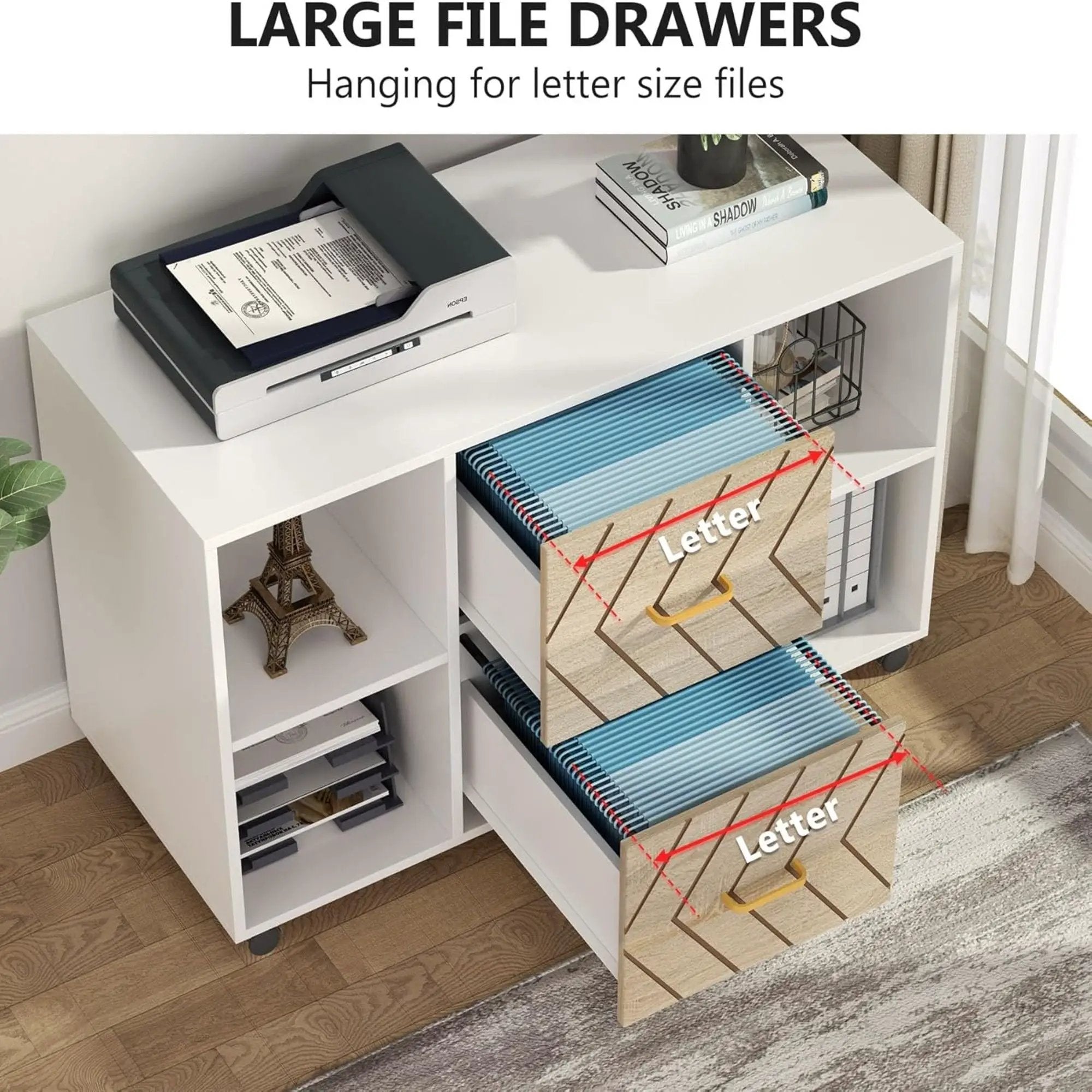 Large Mobile Lateral File Cabinet With 2 Drawers, Printer Stand & Storage Shelves, For Letter Size Files - White / Oak by HouseOfZazla