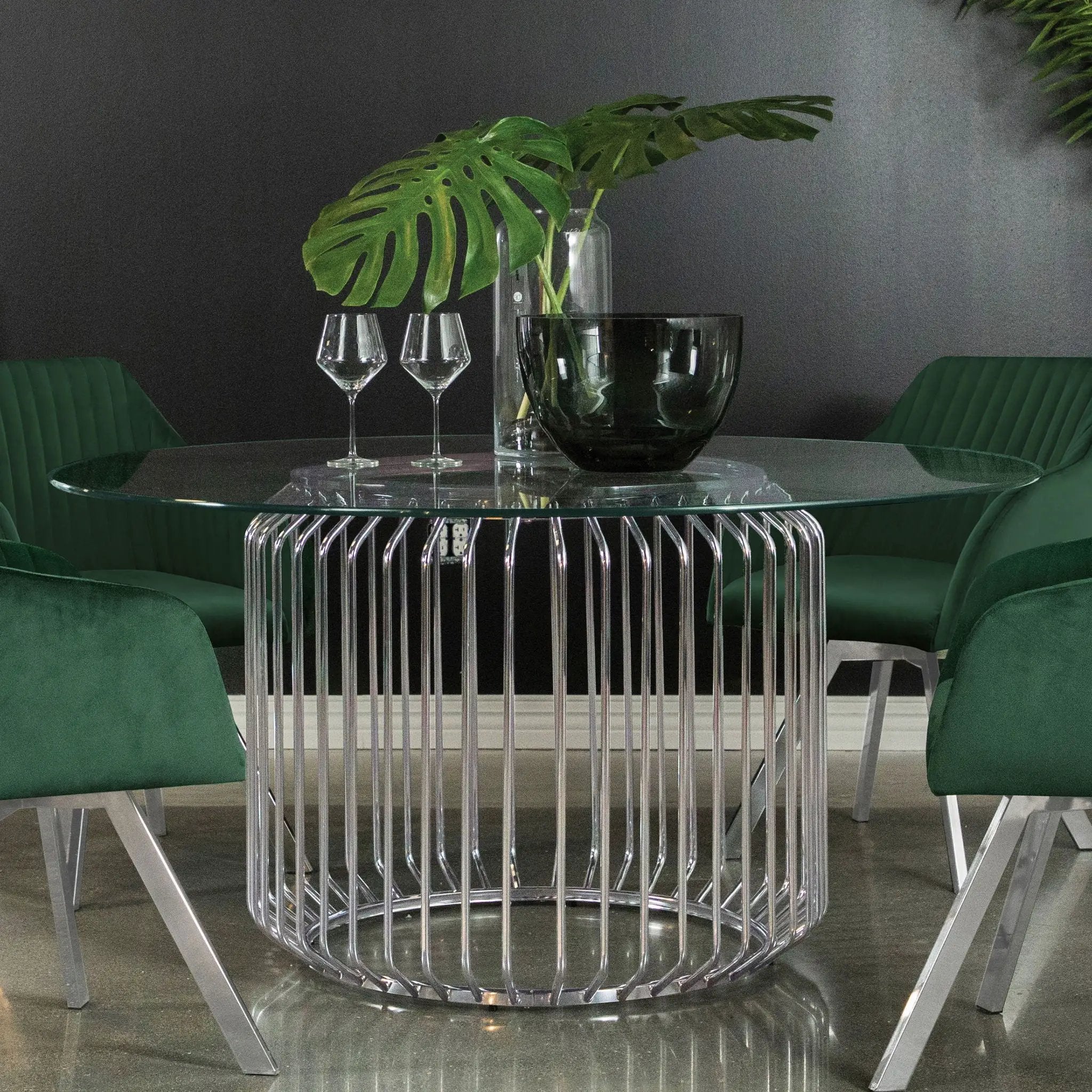Veena Round 60-inch Glass Top Metal Dining Table Chrome by Unique Piece Furniture