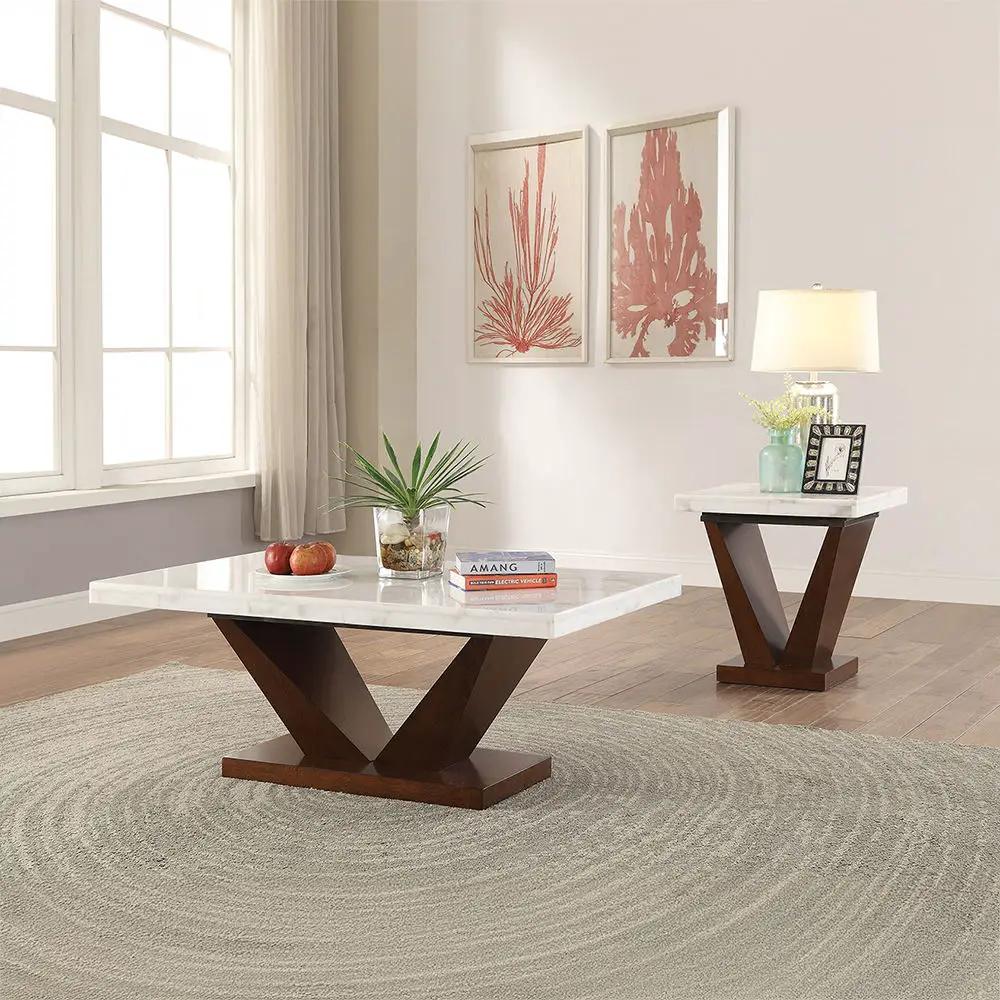 Forbes - Coffee Table - White Natural Marble Top & Walnut by Unique Piece Furniture