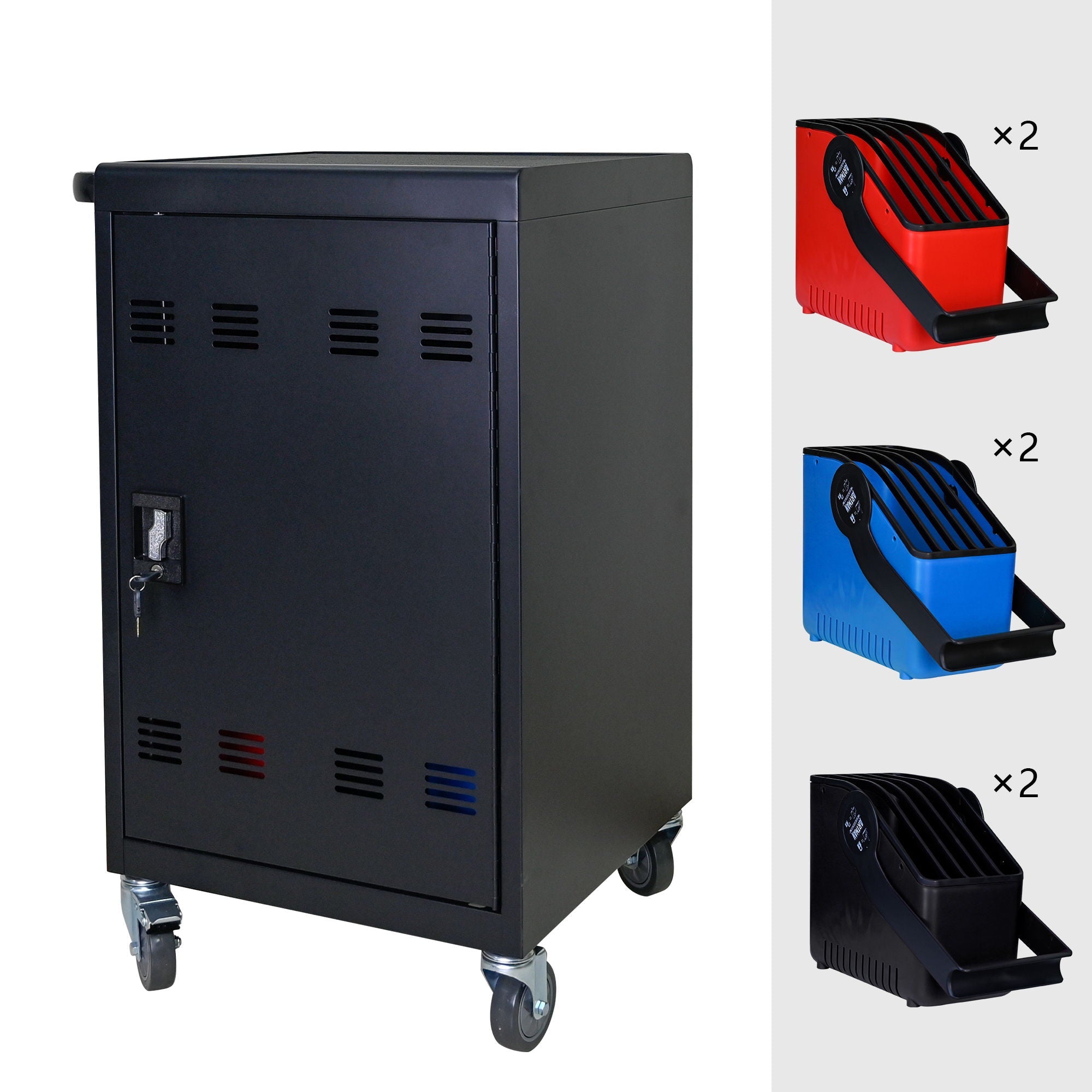 32 Bit Device Charging Trolley For Tablets And Laptops With Cable Management, Removable Doors - Matte Black by HouseOfZazla