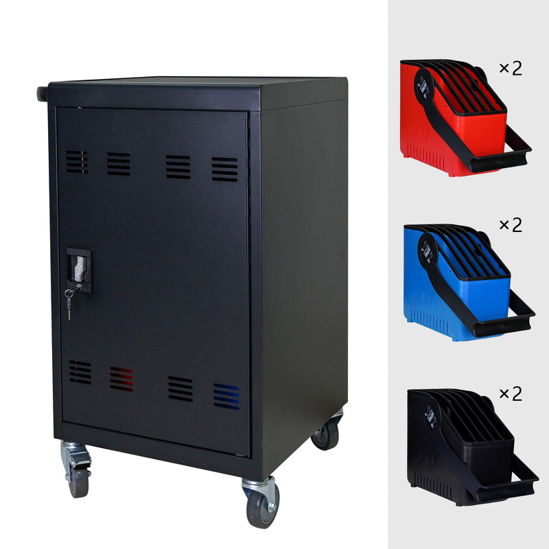 32 Bit Device Charging Trolley For Tablets And Laptops With Cable Management, Removable Doors - Matte Black by HouseOfZazla