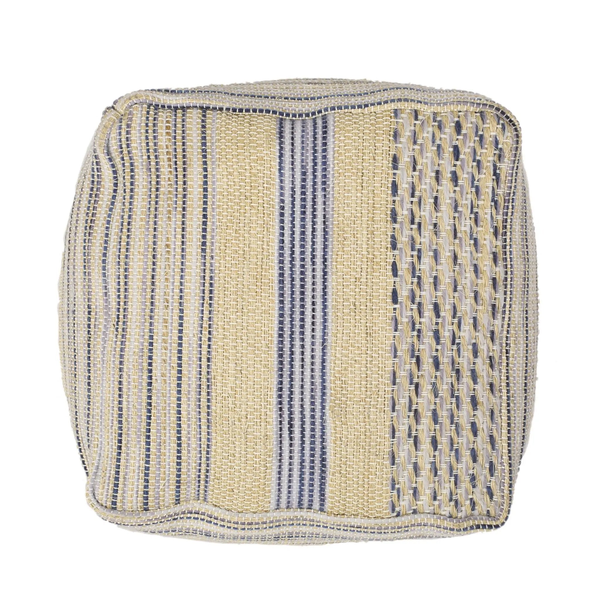 Western - Handcrafted Fabric Pouf, Durable - Natural / Blue by Unique Piece Furniture
