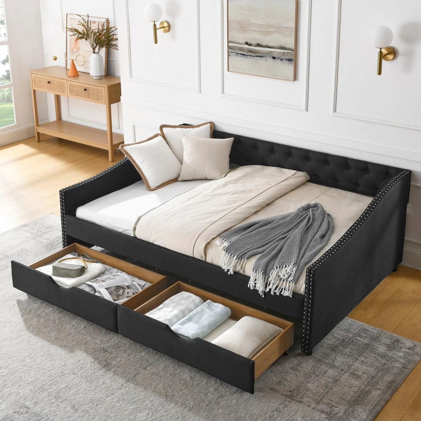 Upholstered Tufted Daybed With 2 Drawers, Waved Arms by Unique Piece Furniture