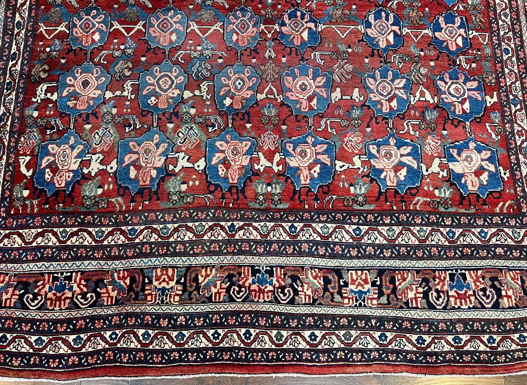 Antique Persian Bijar Rug 9x12 - Allover Motif, Red & Blue by Jewel Rugs